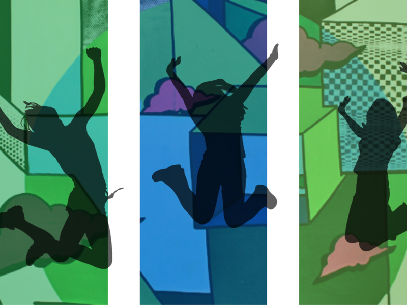 Die Grafik zeigt fünf Silhouetten von Menschen, die vor bunten, geometrischen Hintergründen in die Luft springen.