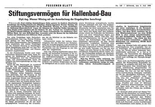 Artikel im Füssener Blatt vom 02.07.1969, Seite 2, Stiftungsvermögen für Hallenbad Bau
